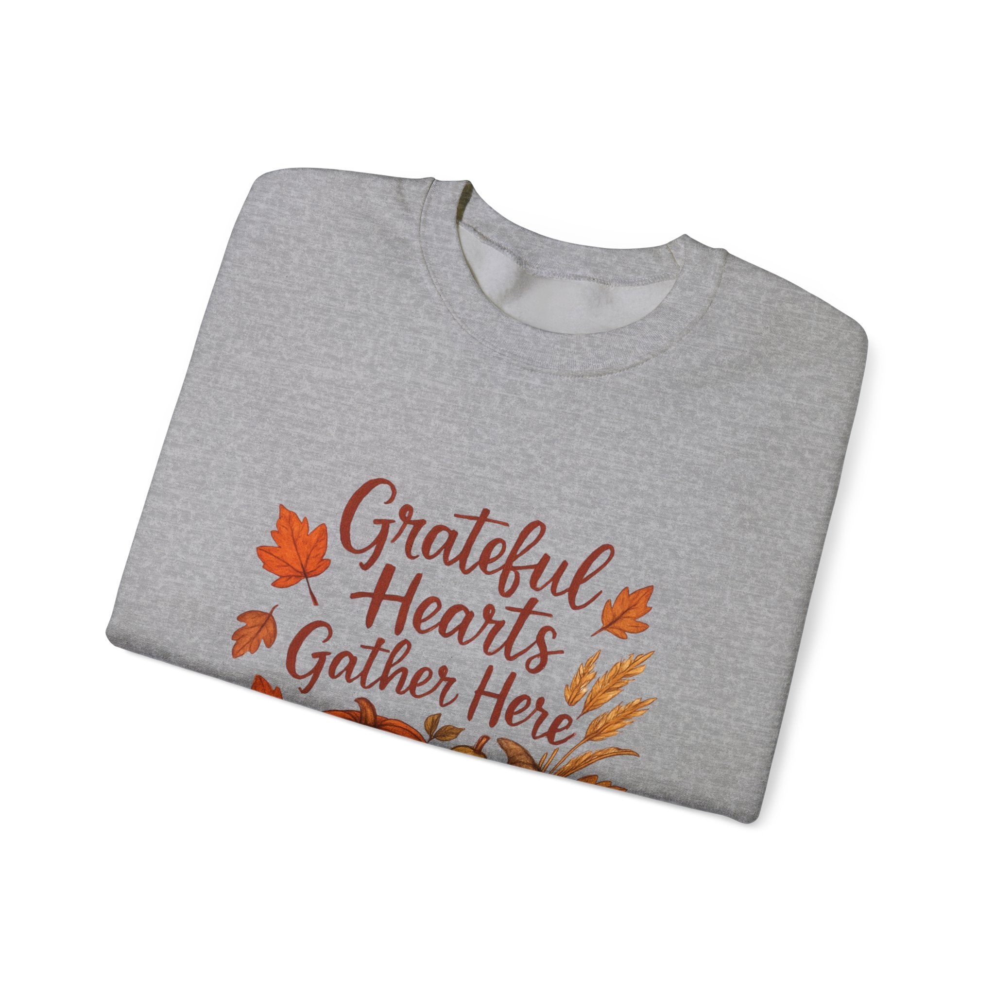 Grateful Hearts Gather Here Sweatshirt — Thanksgiving Pumpkin & Fall Leaves Crewneck