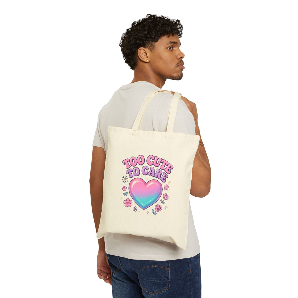 Tote Bag — "Too Cute to Care" Pastel Heart Canvas Tote