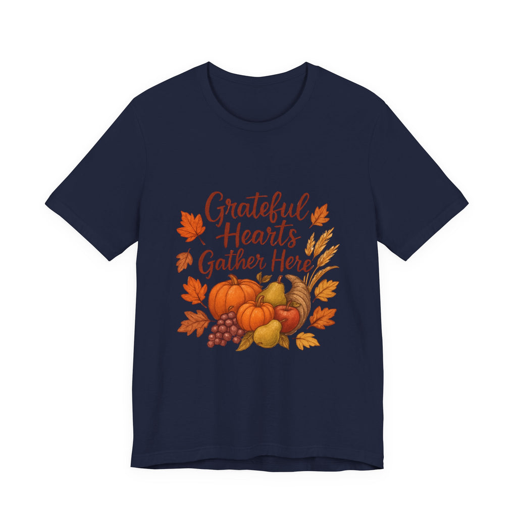 Grateful Hearts Gather Here Tee — Thanksgiving Fall Pumpkin Harvest Shirt