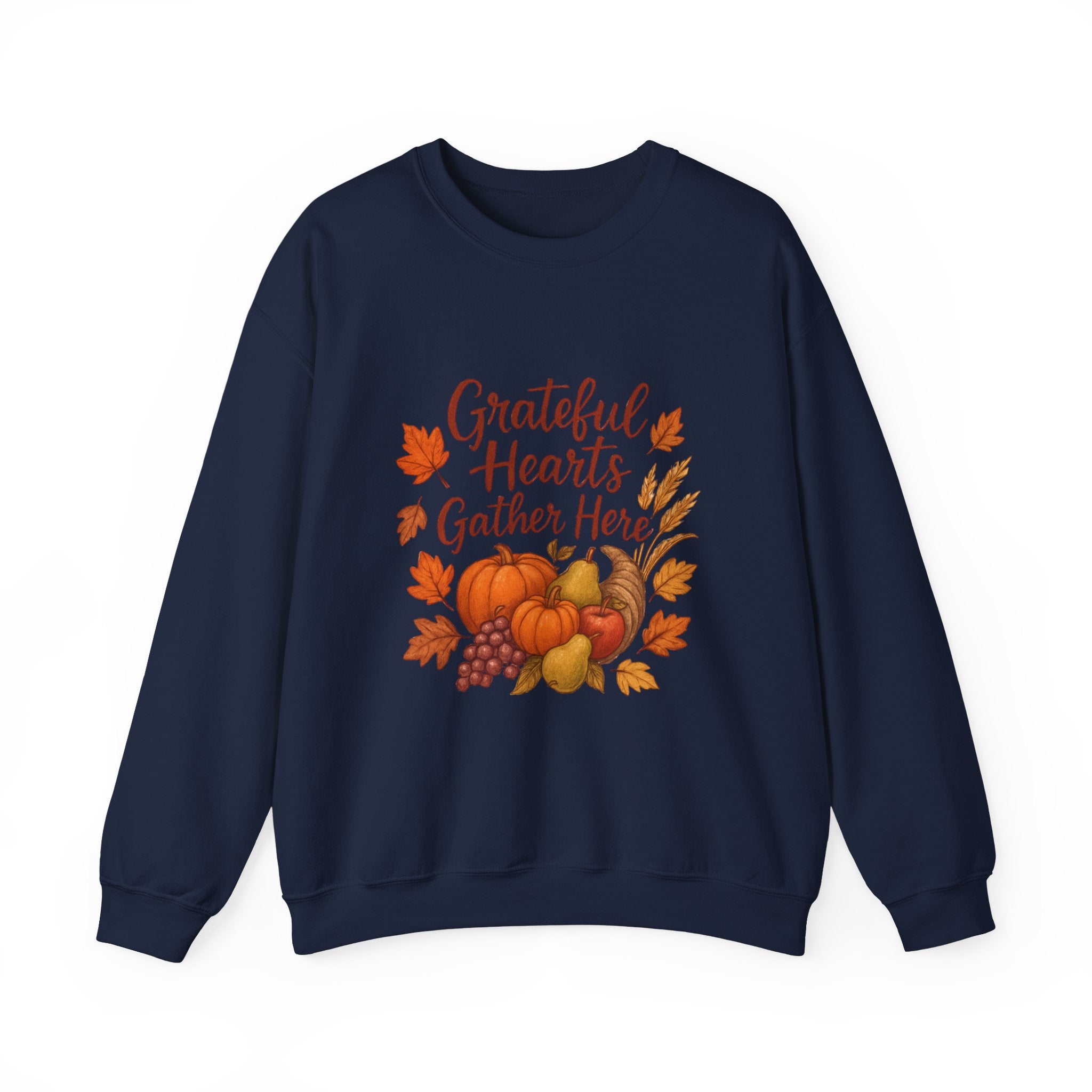 Grateful Hearts Gather Here Sweatshirt — Thanksgiving Pumpkin & Fall Leaves Crewneck