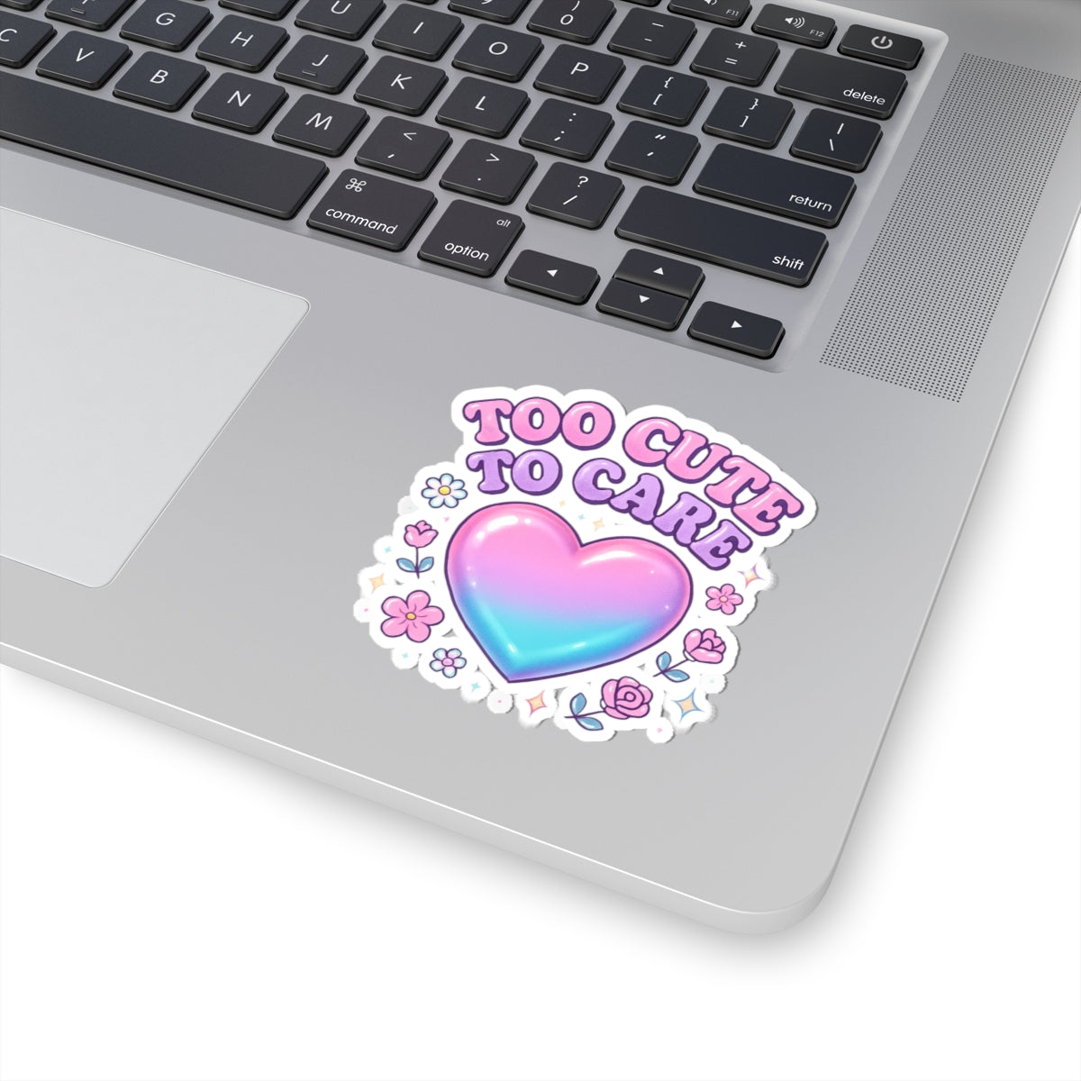 Too Cute To Care Heart Sticker — Pastel Kiss-Cut Vinyl Sticker
