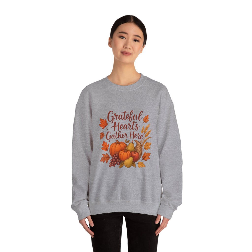 Grateful Hearts Gather Here Sweatshirt — Thanksgiving Pumpkin & Fall Leaves Crewneck
