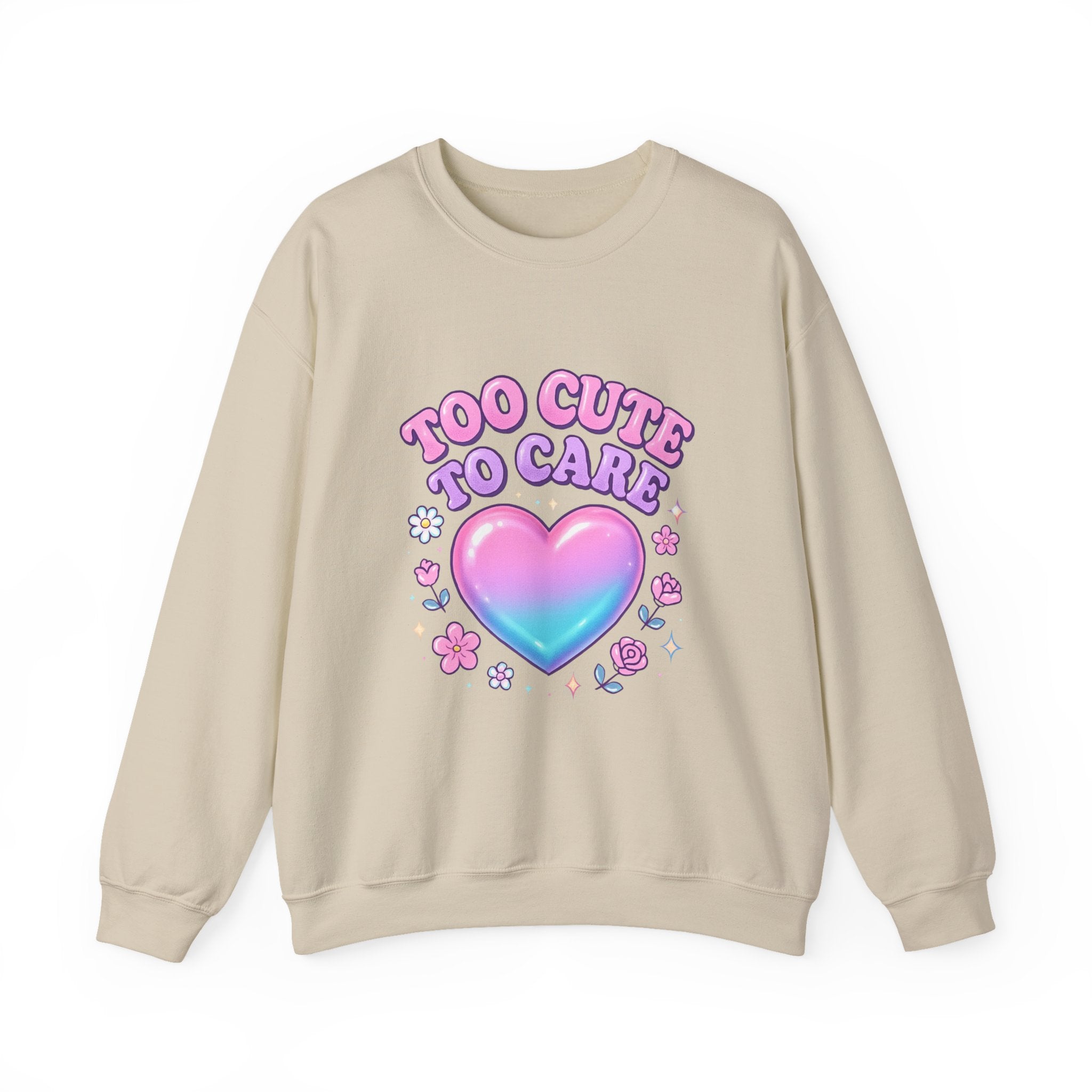 Too Cute To Care Heart Sweatshirt — Cute Pastel Graphic Crewneck