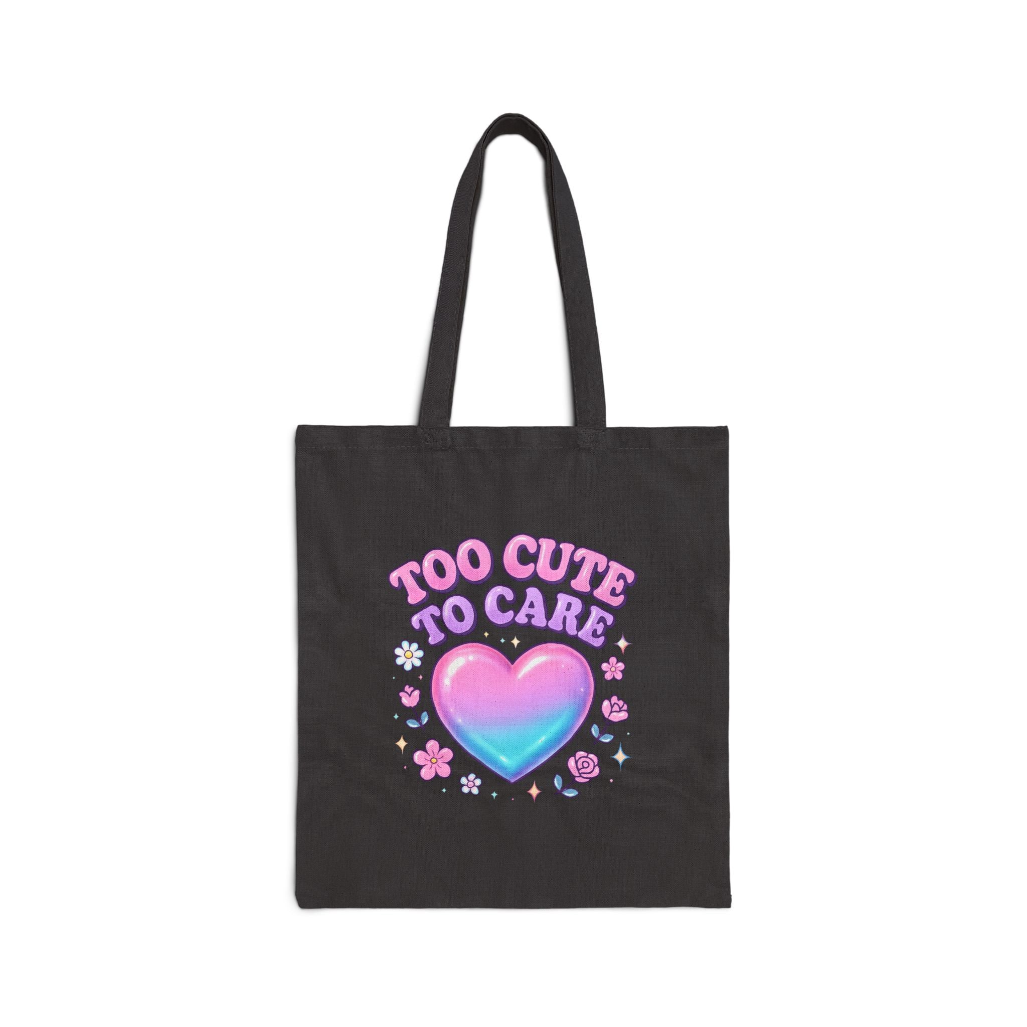 Tote Bag — "Too Cute to Care" Pastel Heart Canvas Tote