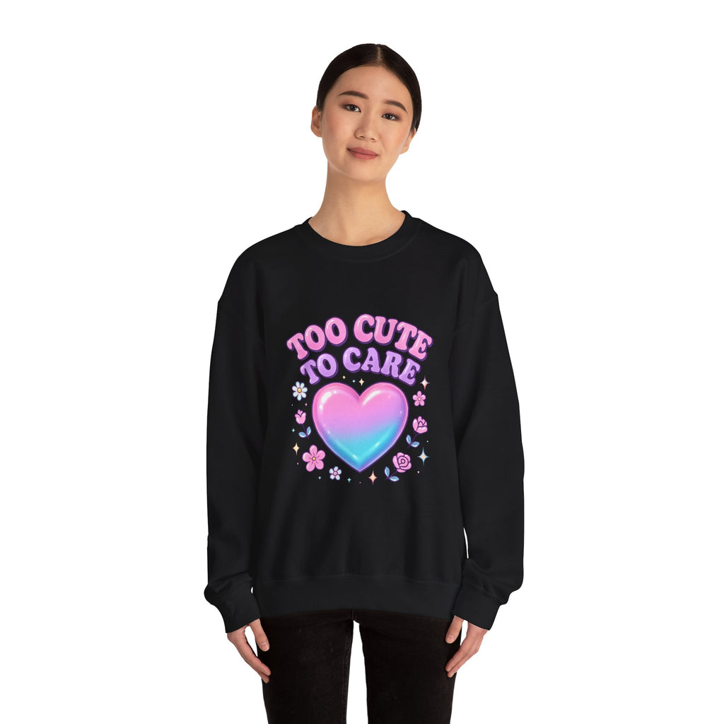Too Cute To Care Heart Sweatshirt — Cute Pastel Graphic Crewneck