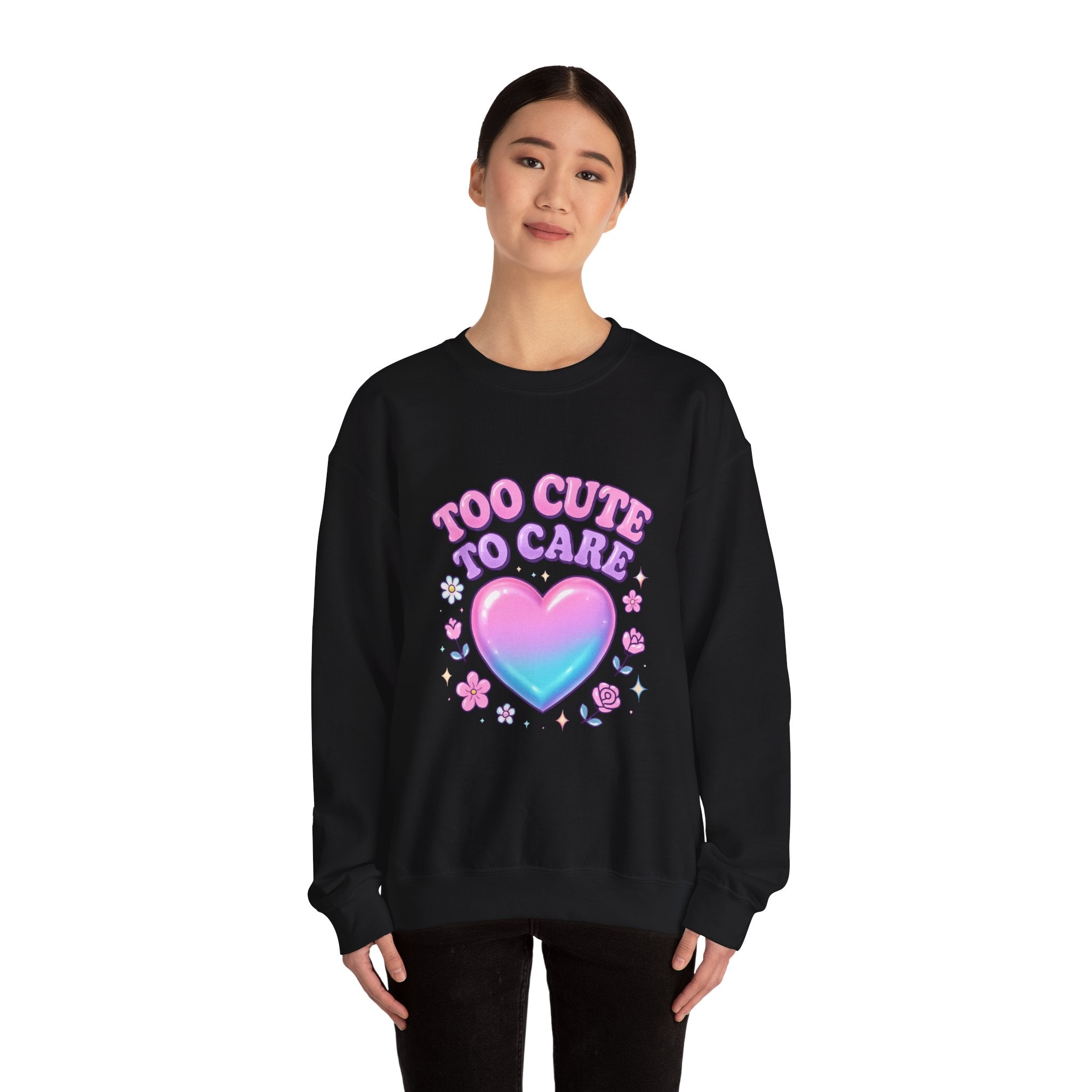 Too Cute To Care Heart Sweatshirt — Cute Pastel Graphic Crewneck