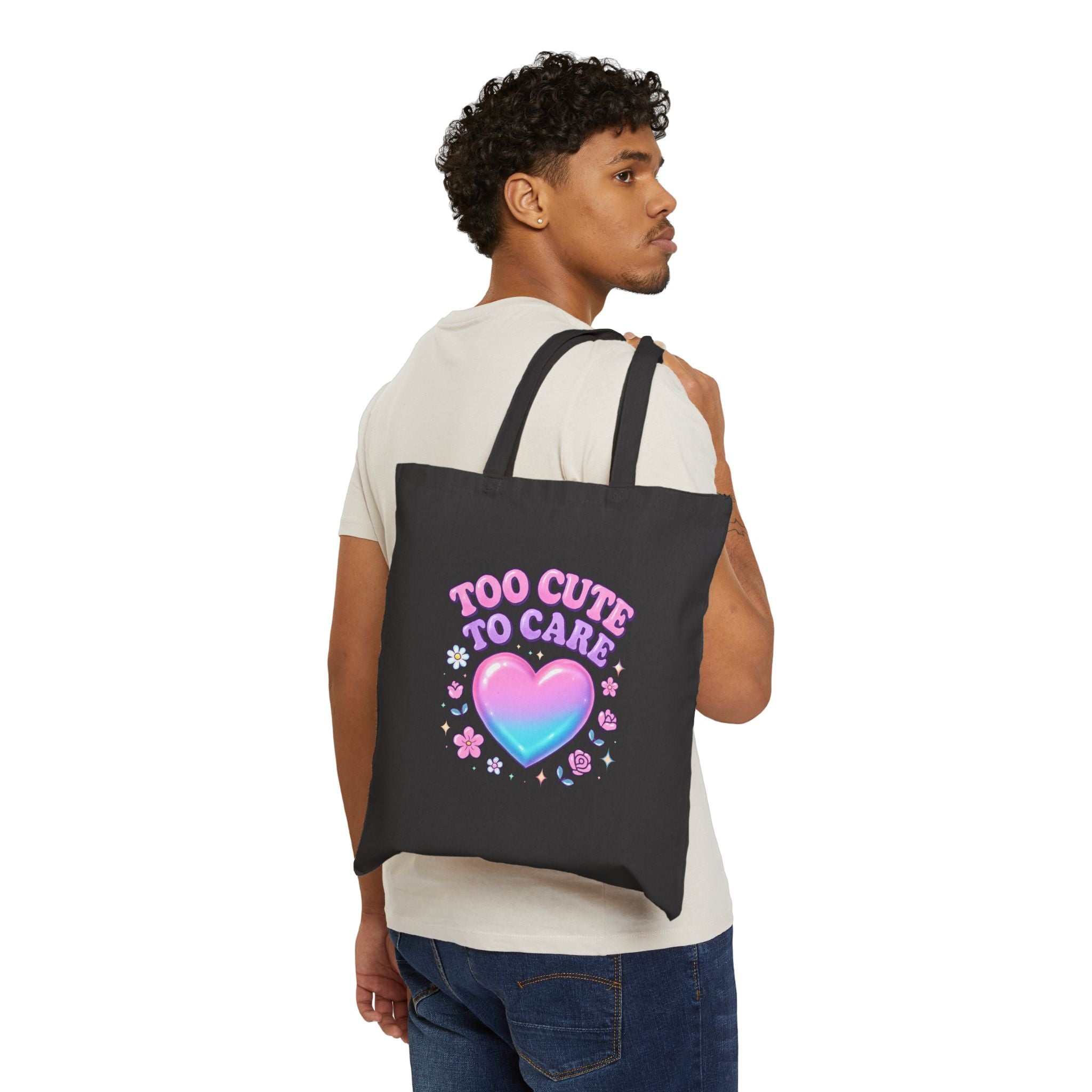 Tote Bag — "Too Cute to Care" Pastel Heart Canvas Tote