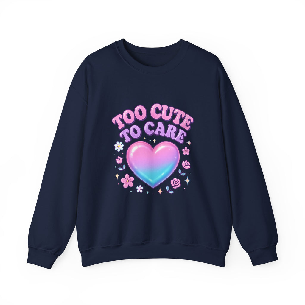 Too Cute To Care Heart Sweatshirt — Cute Pastel Graphic Crewneck