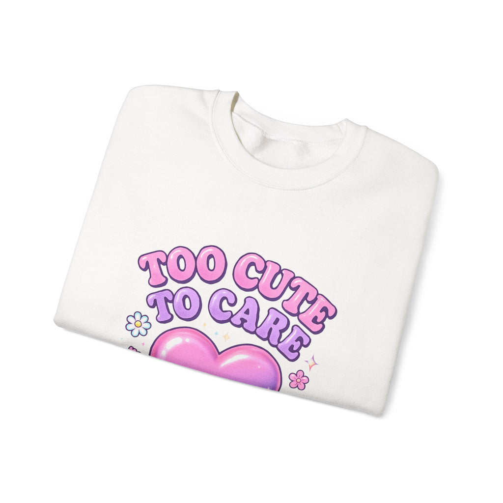 Too Cute To Care Heart Sweatshirt — Cute Pastel Graphic Crewneck