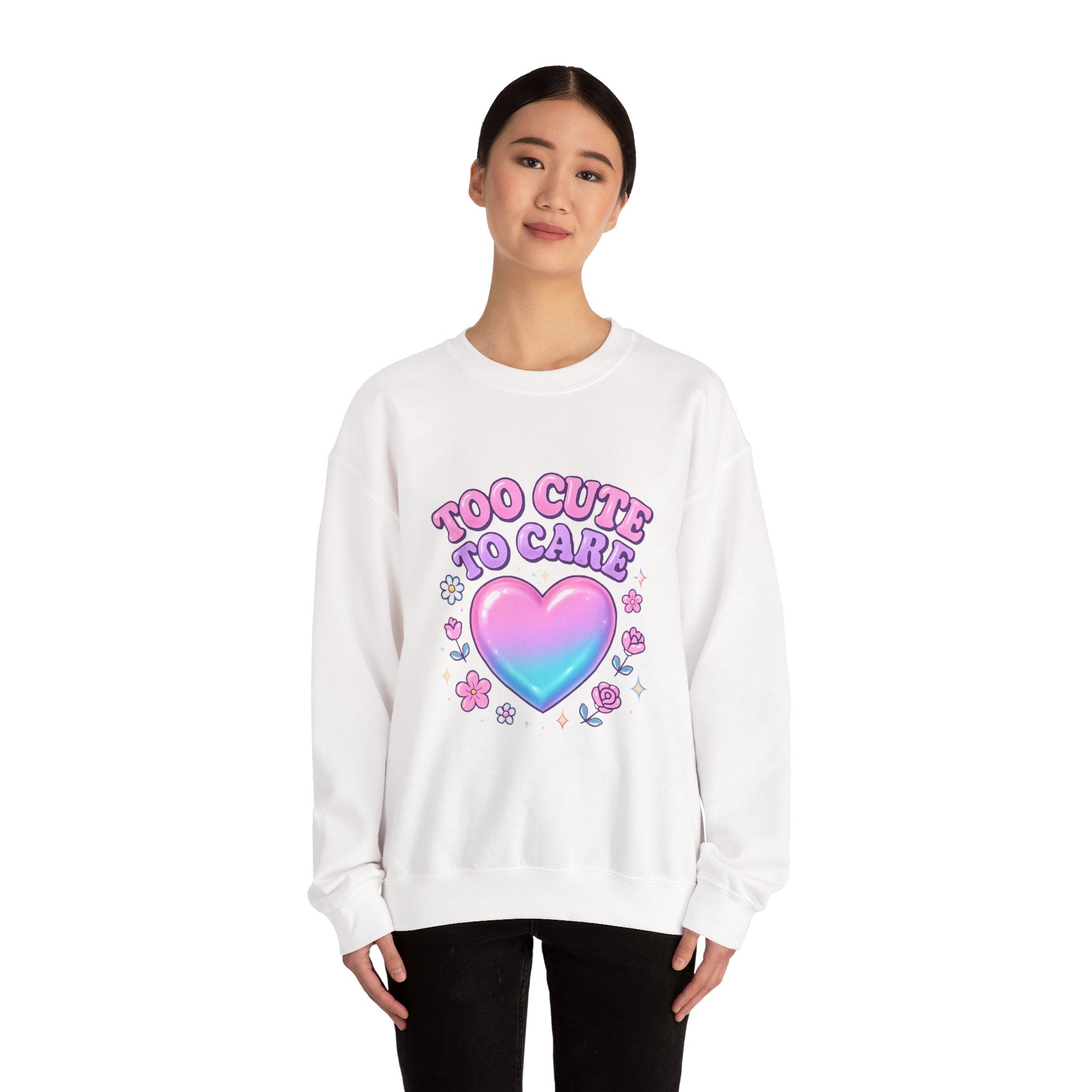 Too Cute To Care Heart Sweatshirt — Cute Pastel Graphic Crewneck