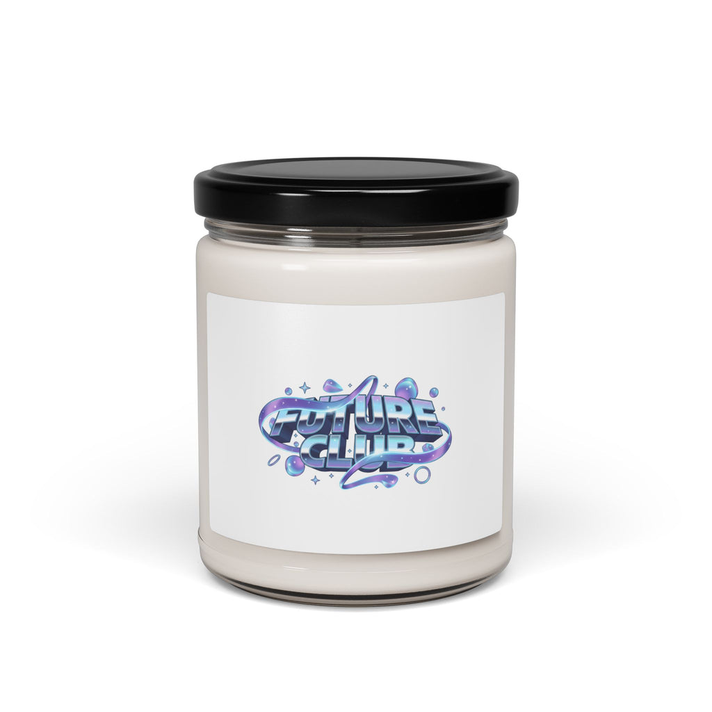 Futurist Chrome Logo Candle, iridescent gradient, holographic text print