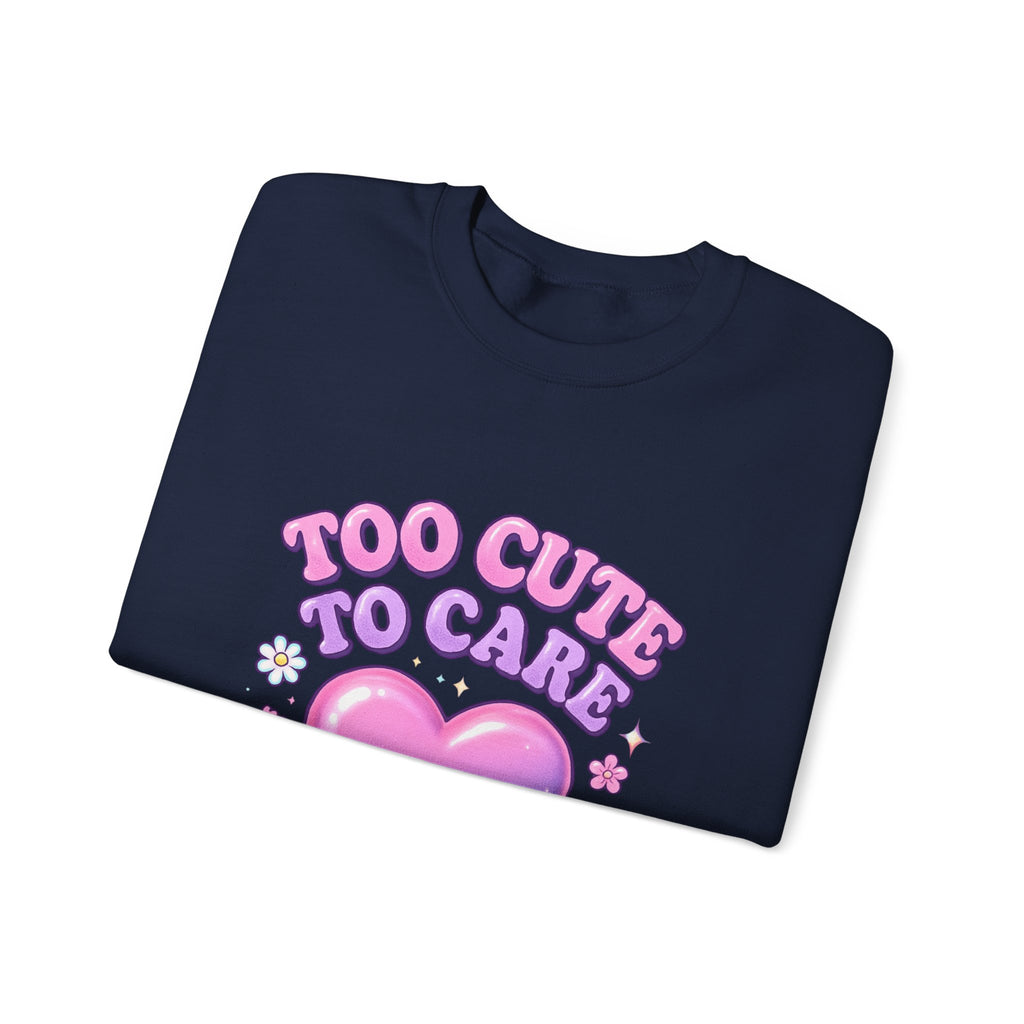 Too Cute To Care Heart Sweatshirt — Cute Pastel Graphic Crewneck