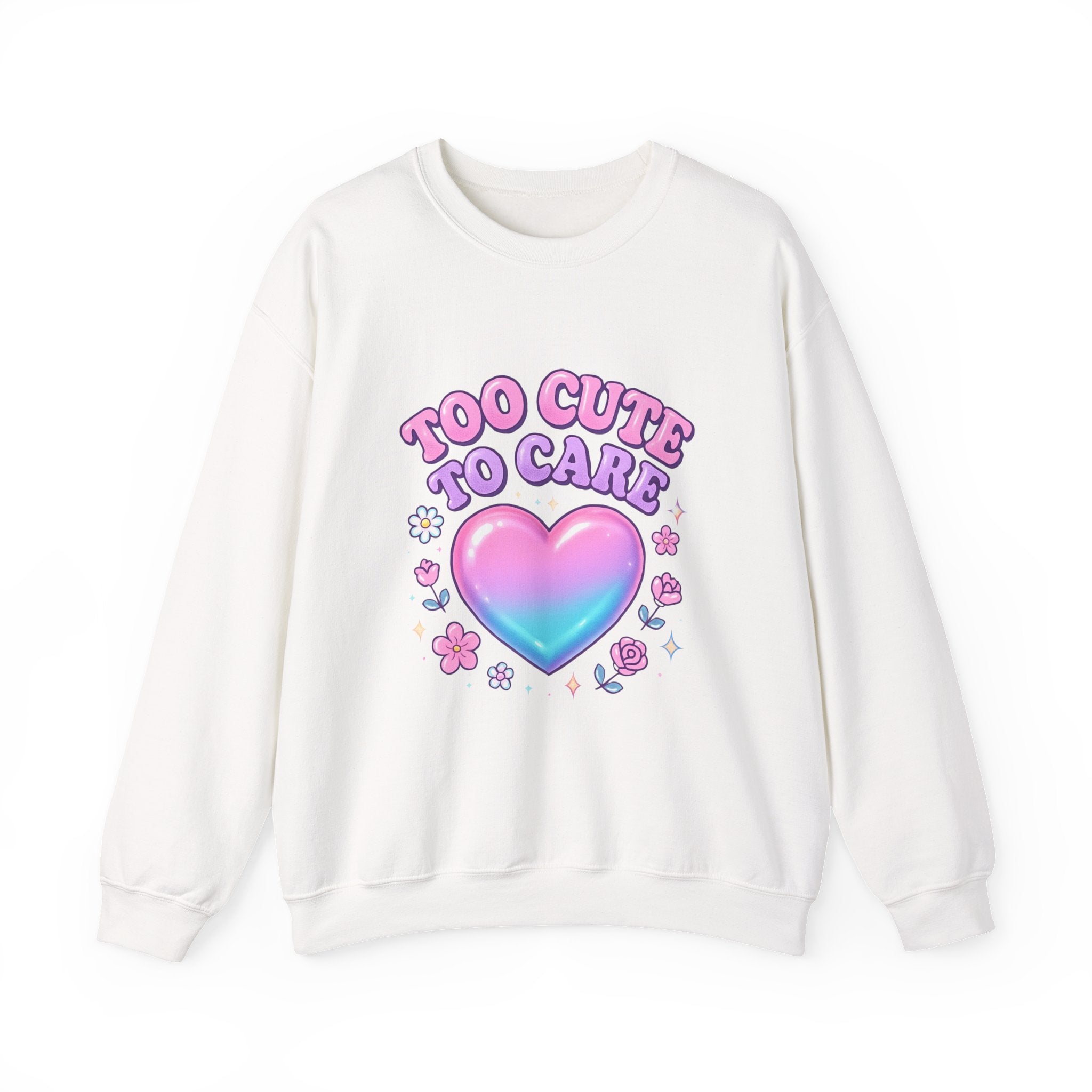 Too Cute To Care Heart Sweatshirt — Cute Pastel Graphic Crewneck