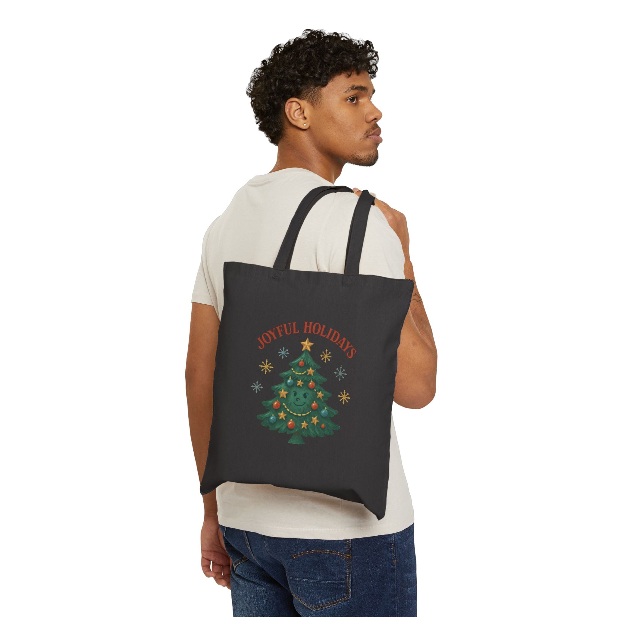 Holiday Christmas Tree Tote Bag - “Joyful Holidays” Canvas Market Shopper