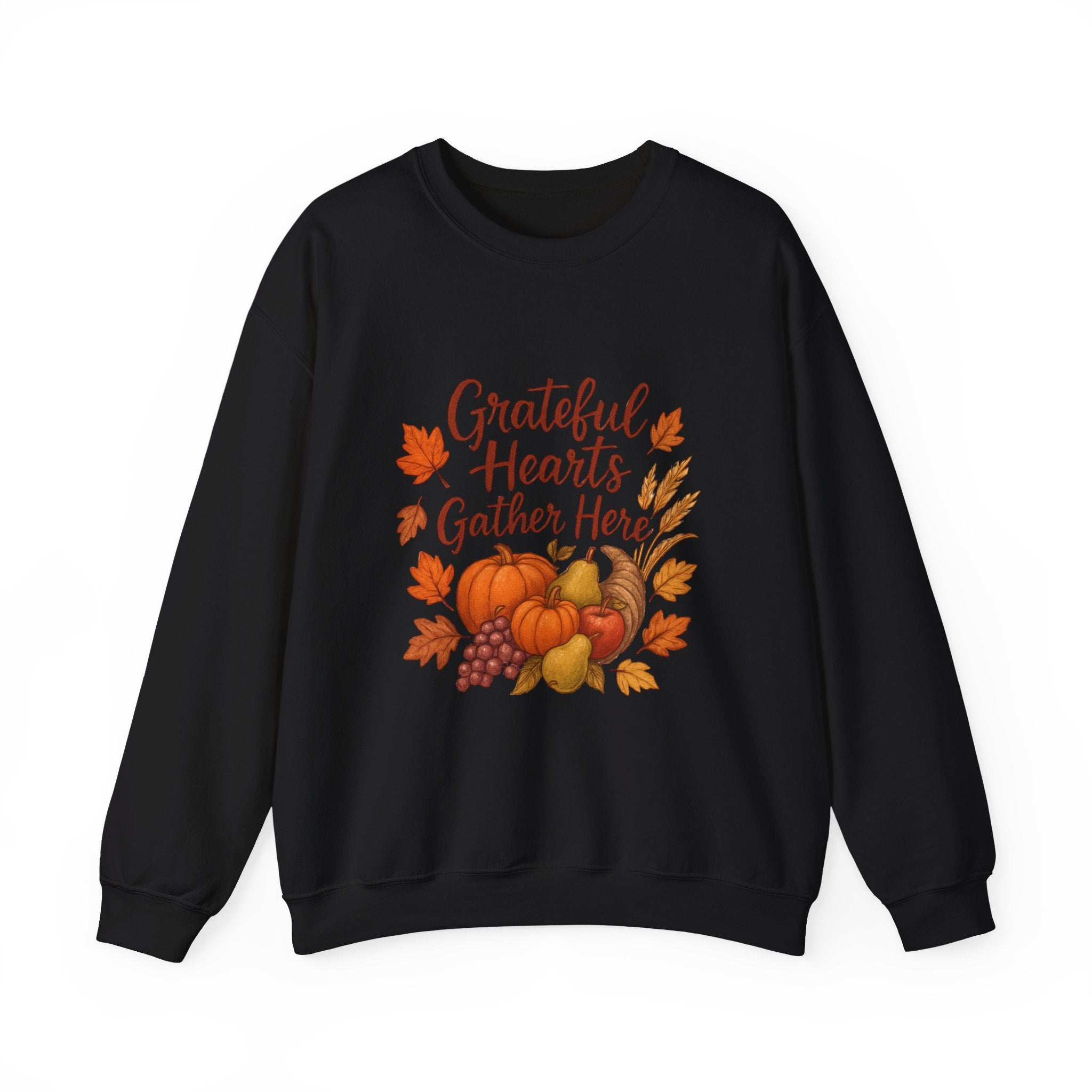 Grateful Hearts Gather Here Sweatshirt — Thanksgiving Pumpkin & Fall Leaves Crewneck