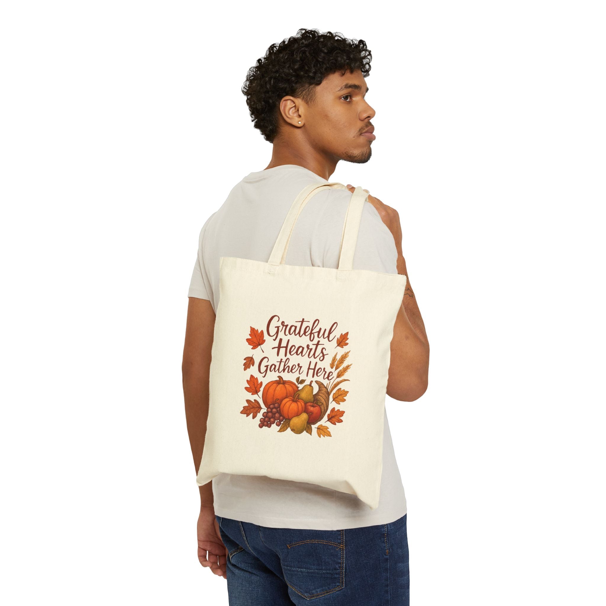 Thankful Harvest Tote Bag — "Grateful Hearts Gather Here" Cotton Canvas Grocery Tote