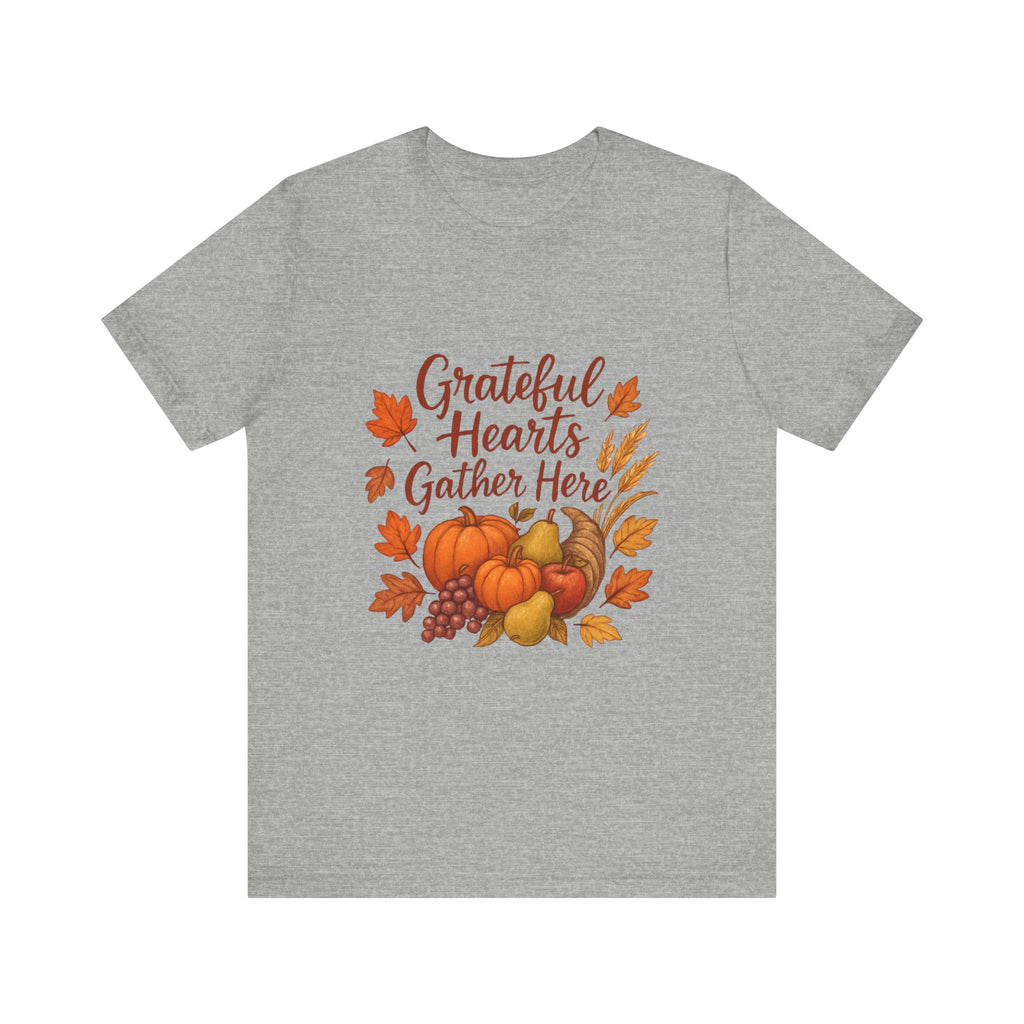 Grateful Hearts Gather Here Tee — Thanksgiving Fall Pumpkin Harvest Shirt