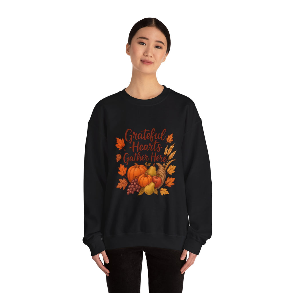 Grateful Hearts Gather Here Sweatshirt — Thanksgiving Pumpkin & Fall Leaves Crewneck