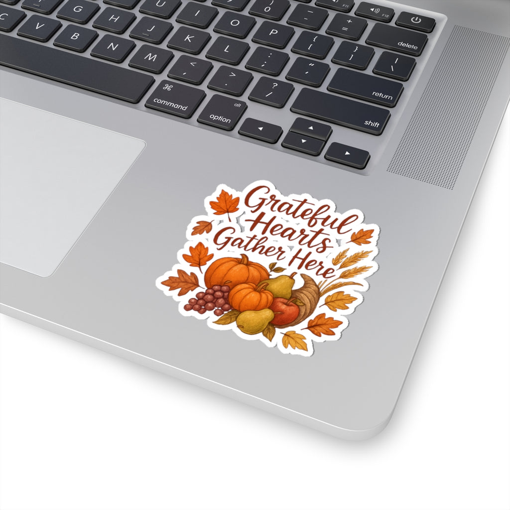 Fall "Grateful Hearts Gather Here" Sticker — Thanksgiving Pumpkin & Harvest Kiss-Cut Sticker