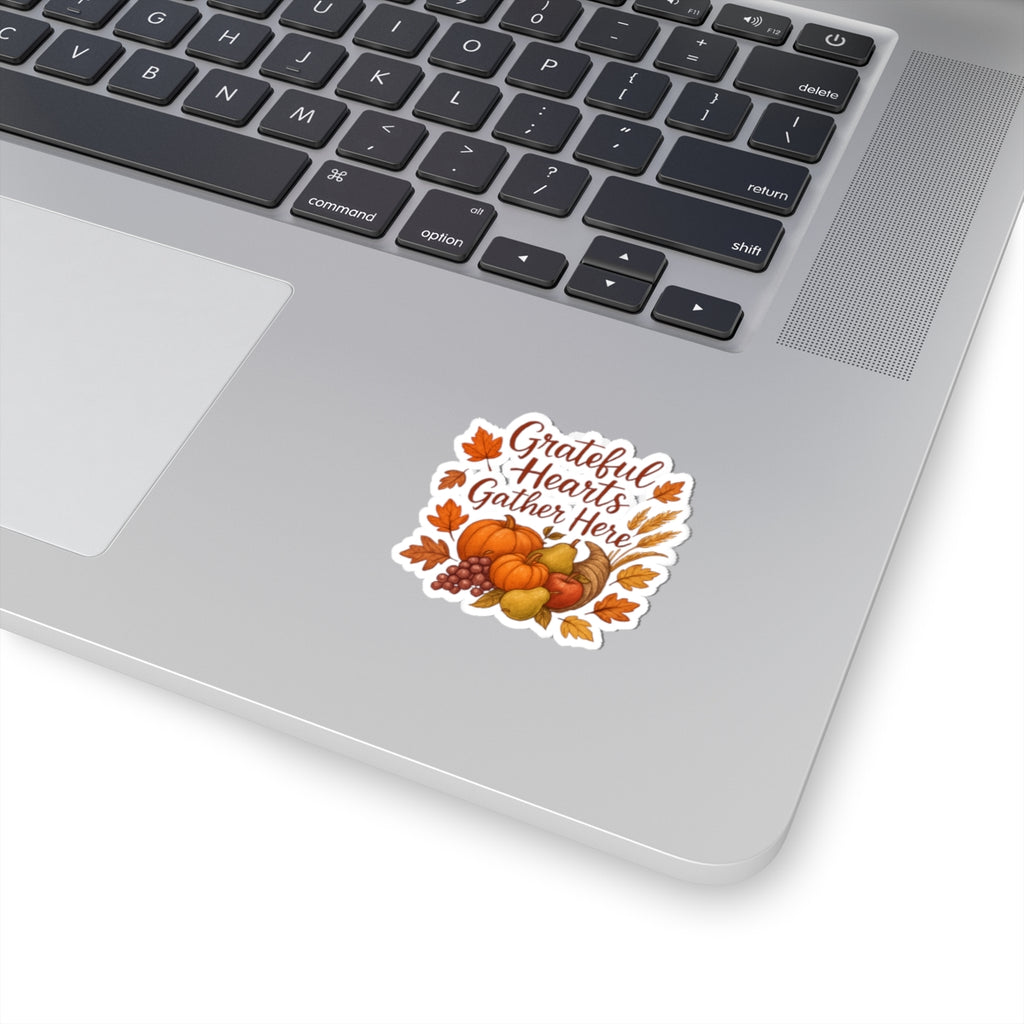 Fall "Grateful Hearts Gather Here" Sticker — Thanksgiving Pumpkin & Harvest Kiss-Cut Sticker