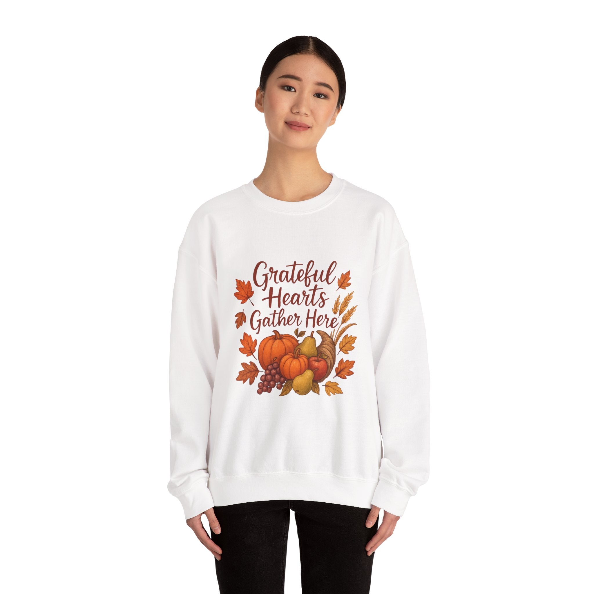 Grateful Hearts Gather Here Sweatshirt — Thanksgiving Pumpkin & Fall Leaves Crewneck