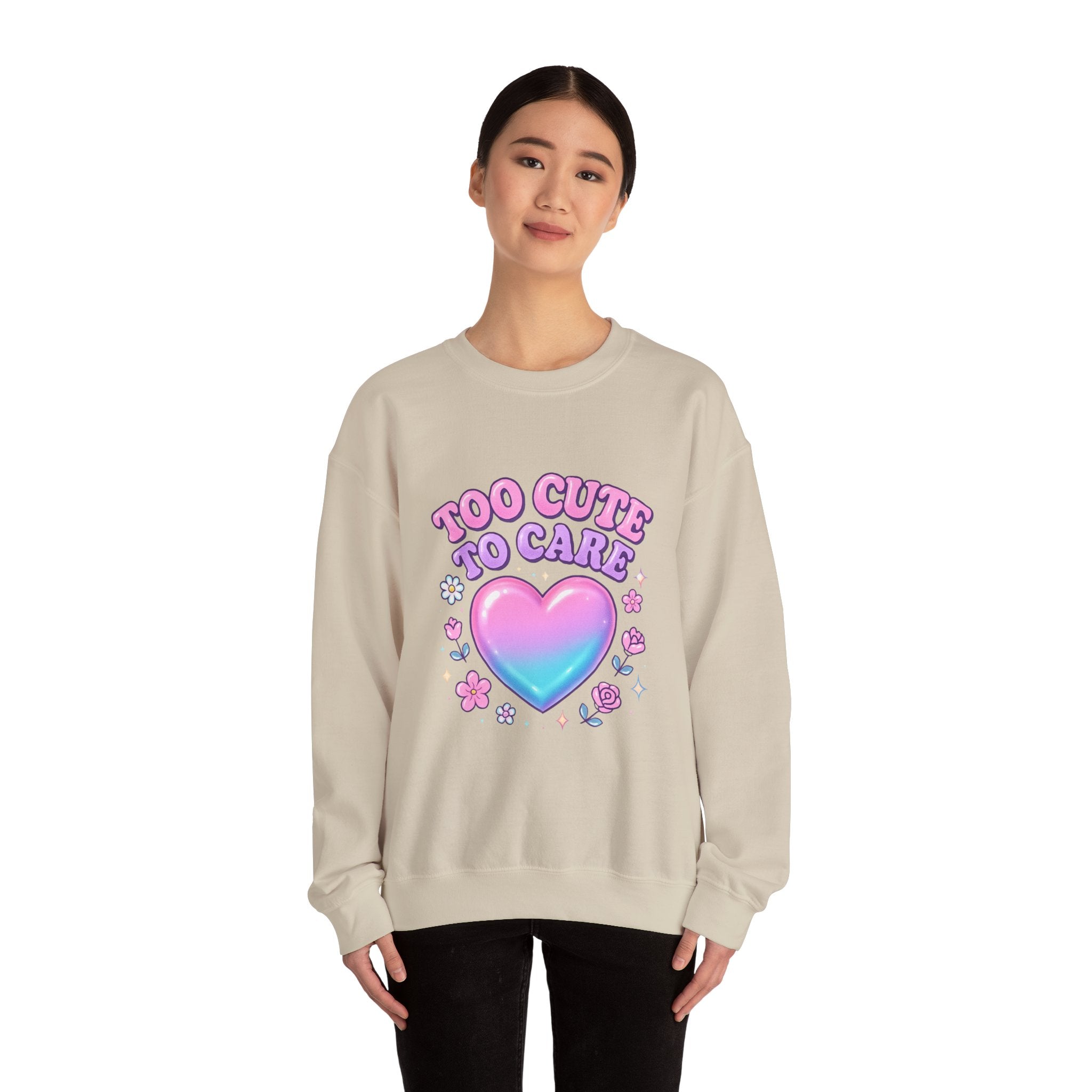 Too Cute To Care Heart Sweatshirt — Cute Pastel Graphic Crewneck