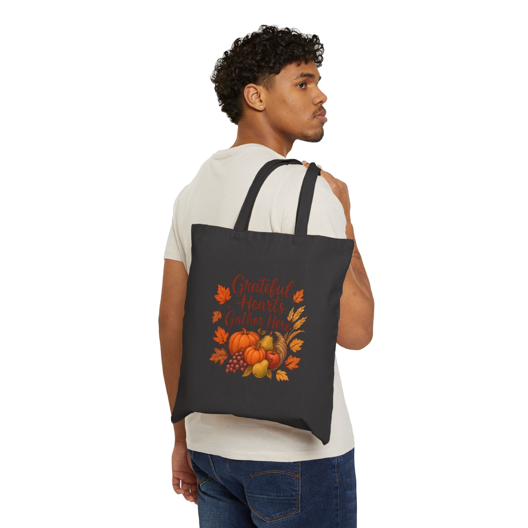 Thankful Harvest Tote Bag — "Grateful Hearts Gather Here" Cotton Canvas Grocery Tote