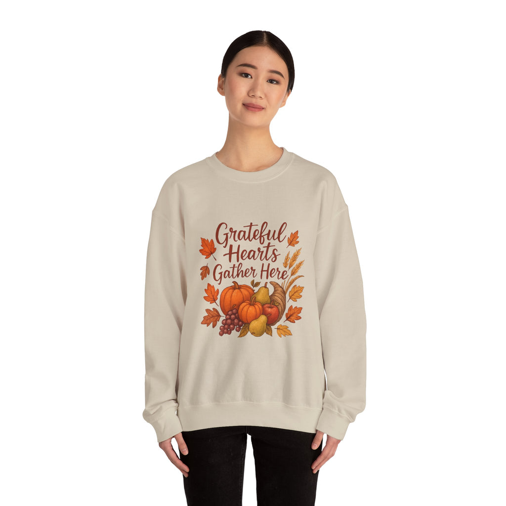 Grateful Hearts Gather Here Sweatshirt — Thanksgiving Pumpkin & Fall Leaves Crewneck