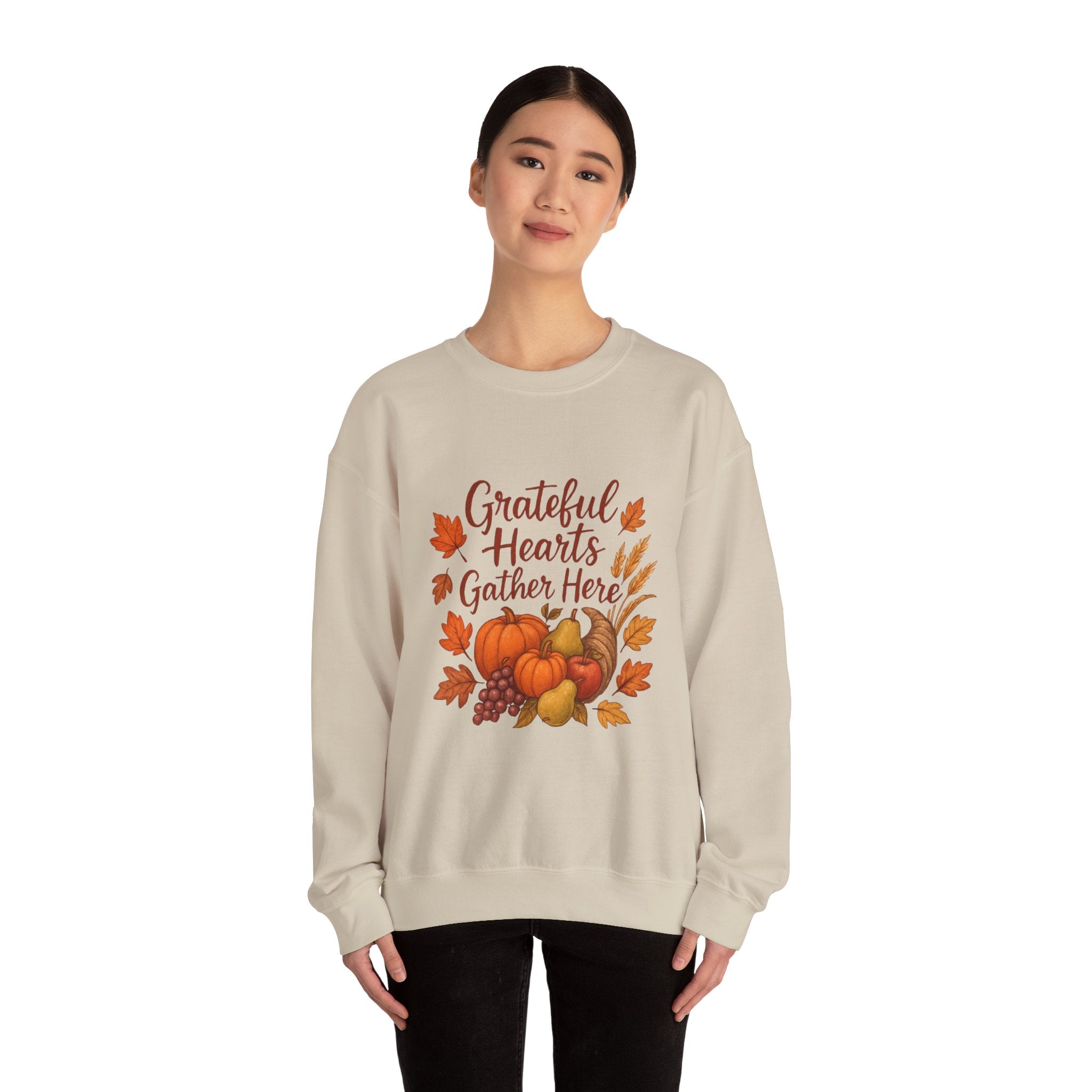 Grateful Hearts Gather Here Sweatshirt — Thanksgiving Pumpkin & Fall Leaves Crewneck