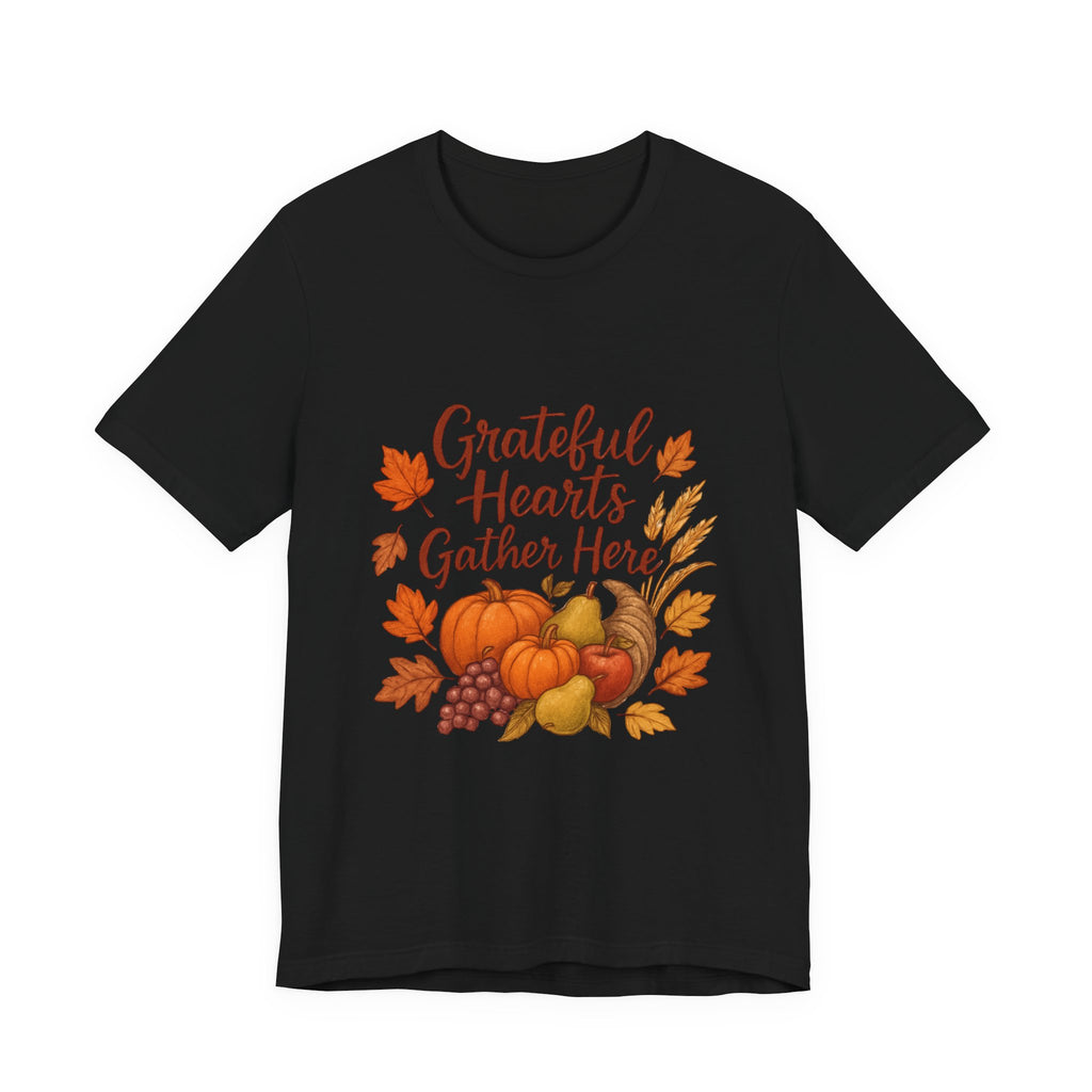 Grateful Hearts Gather Here Tee — Thanksgiving Fall Pumpkin Harvest Shirt