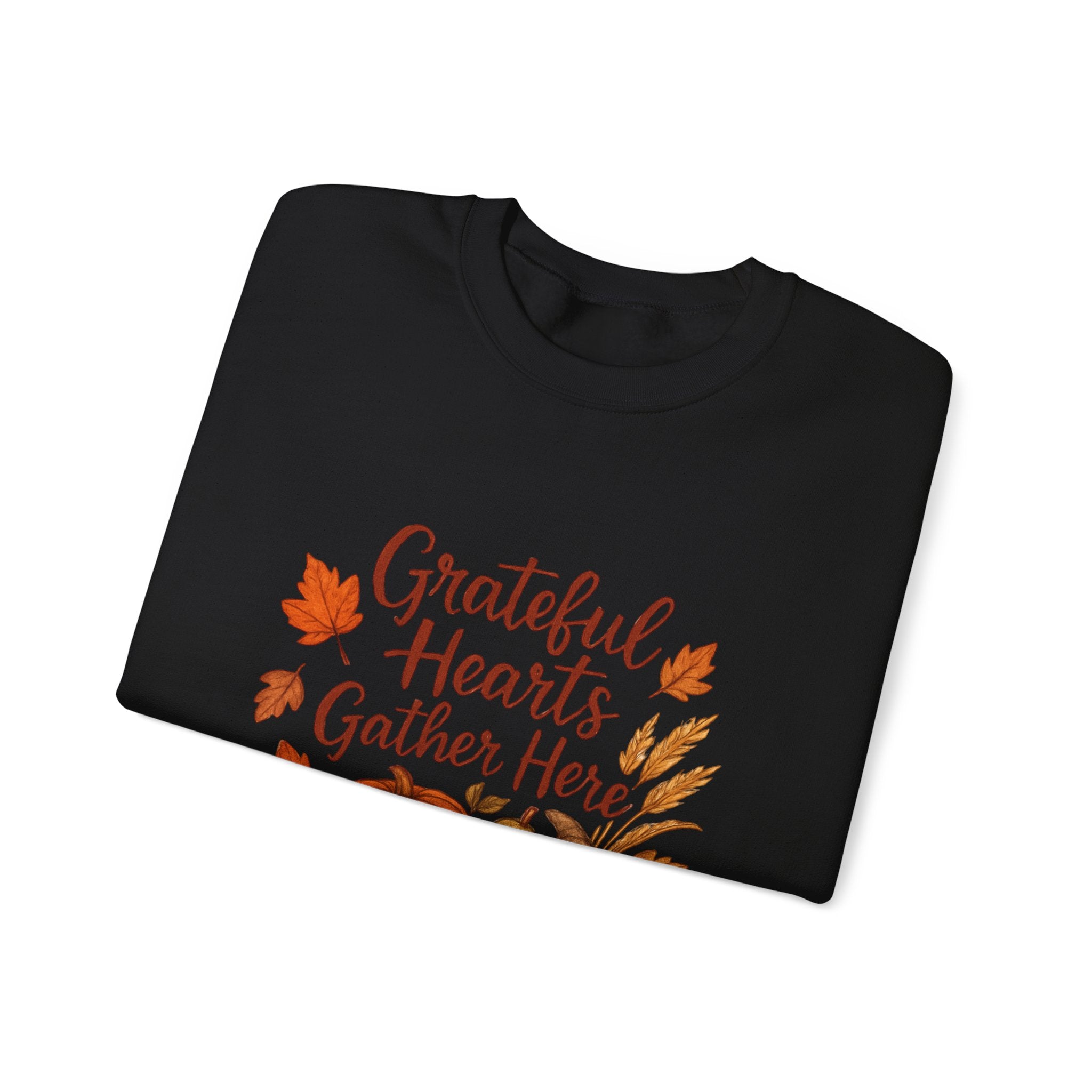 Grateful Hearts Gather Here Sweatshirt — Thanksgiving Pumpkin & Fall Leaves Crewneck