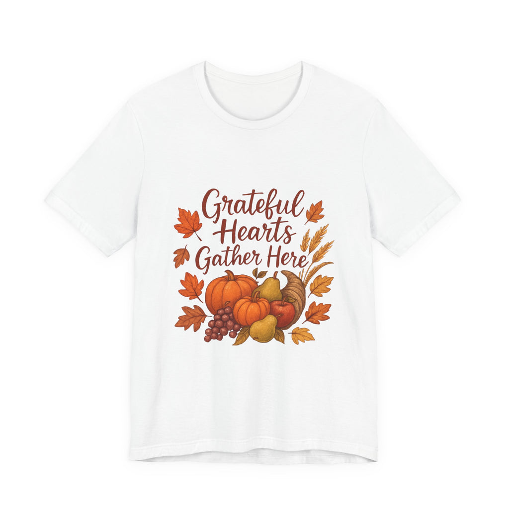 Grateful Hearts Gather Here Tee — Thanksgiving Fall Pumpkin Harvest Shirt