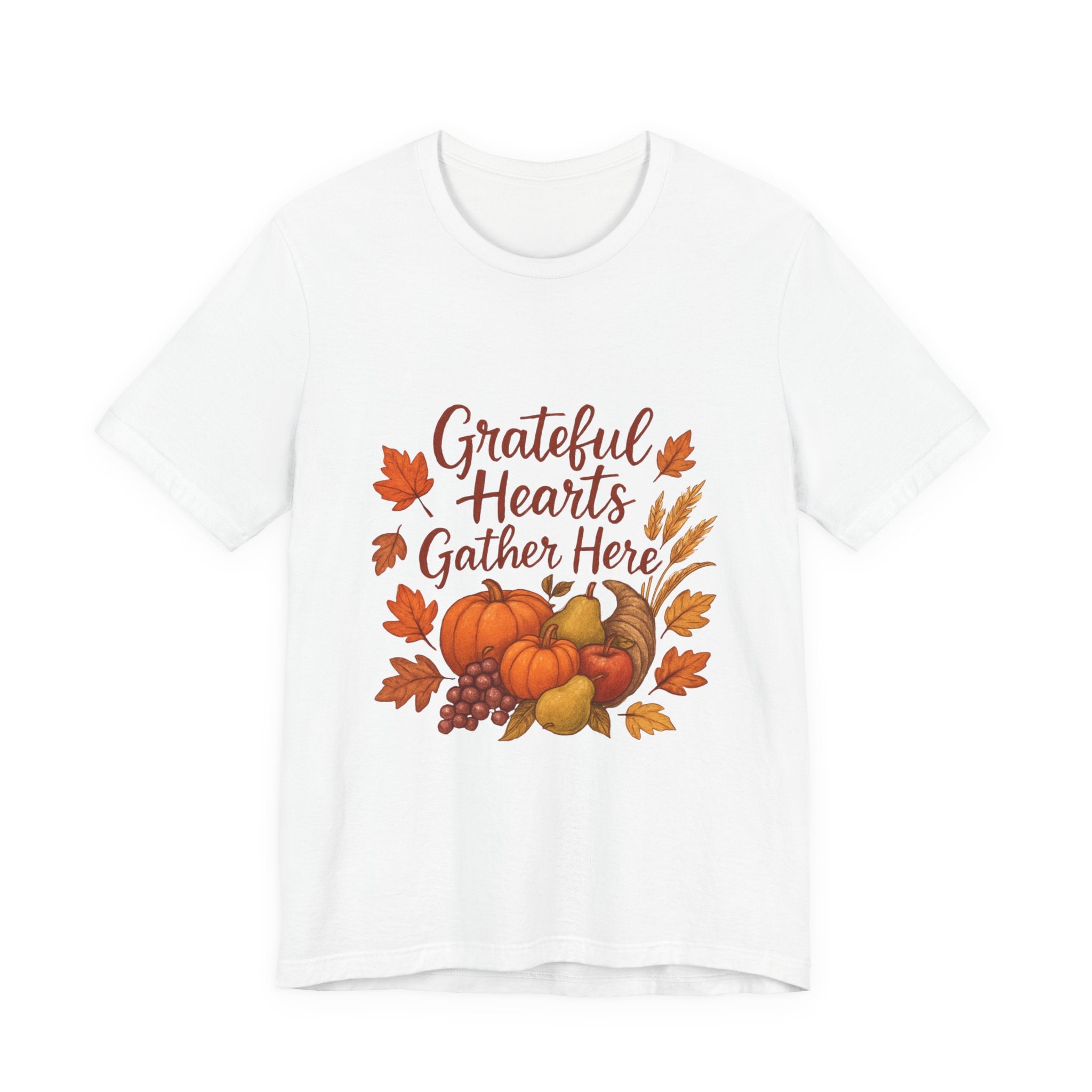 Grateful Hearts Gather Here Tee — Thanksgiving Fall Pumpkin Harvest Shirt