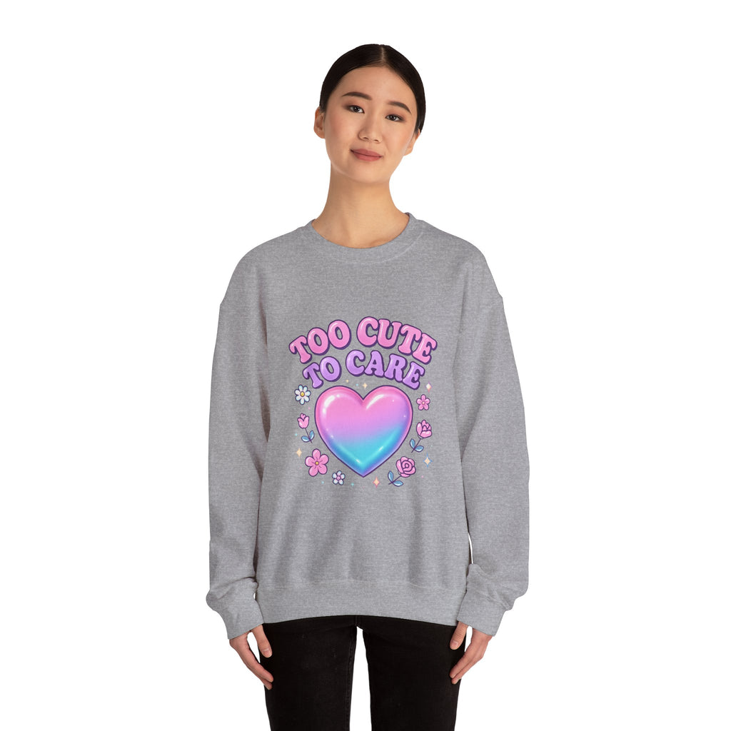 Too Cute To Care Heart Sweatshirt — Cute Pastel Graphic Crewneck