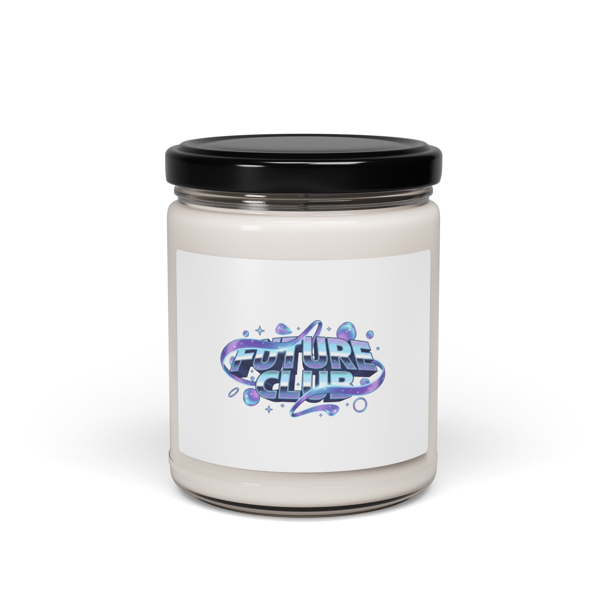 Futurist Chrome Logo Candle, iridescent gradient, holographic text print
