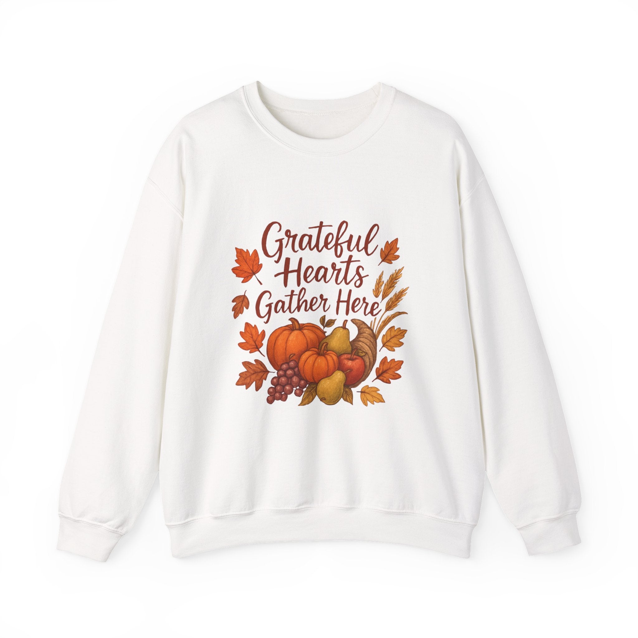 Grateful Hearts Gather Here Sweatshirt — Thanksgiving Pumpkin & Fall Leaves Crewneck