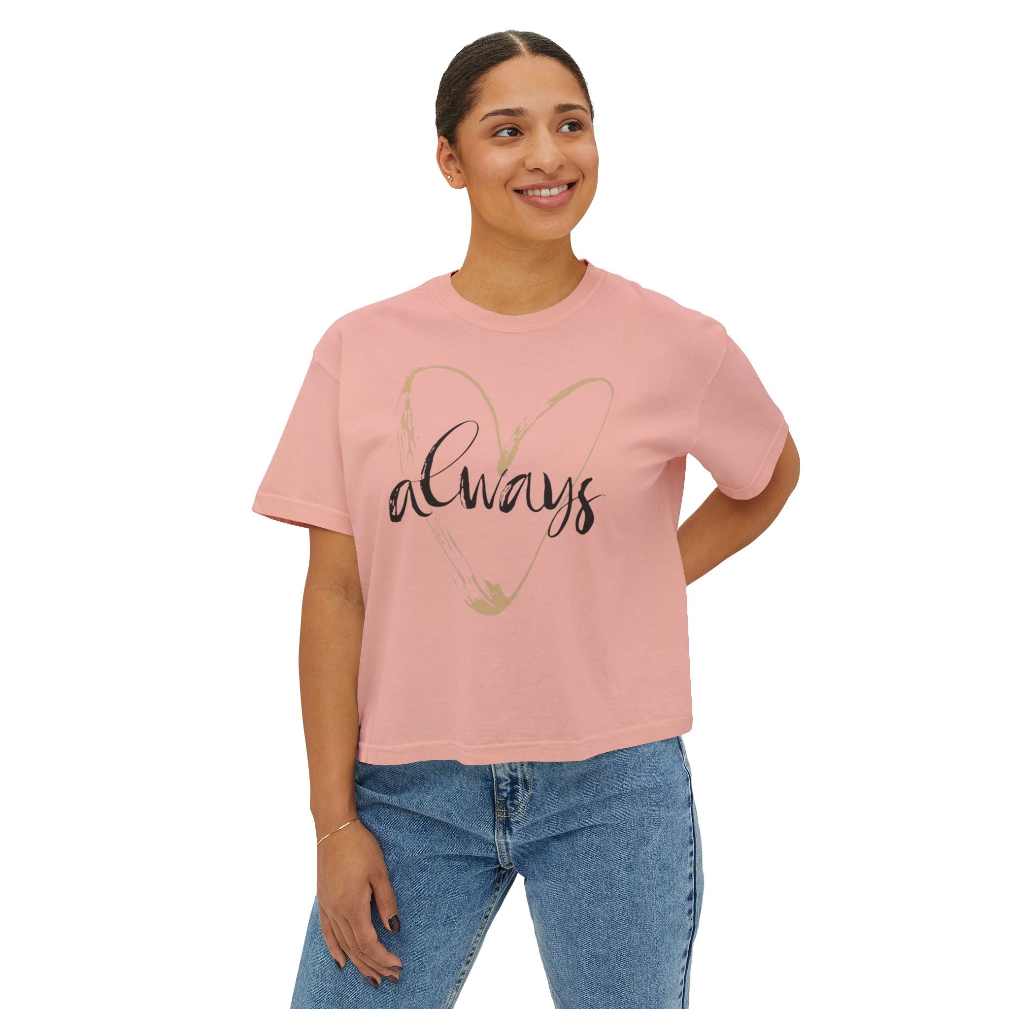 Always Heart Women's Boxy Tee — Gold Brushstroke Love Graphic