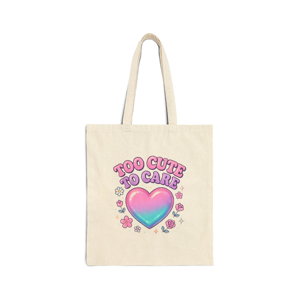 Tote Bag — "Too Cute to Care" Pastel Heart Canvas Tote
