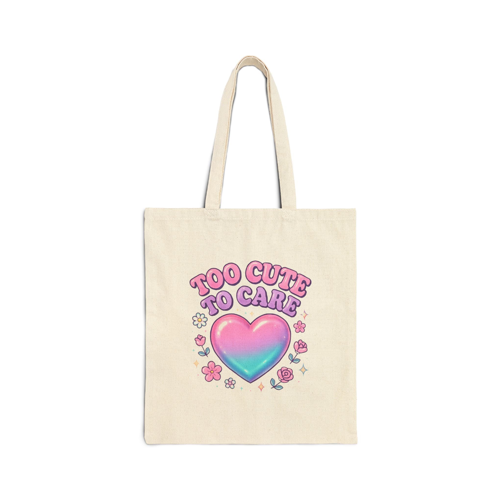 Tote Bag — "Too Cute to Care" Pastel Heart Canvas Tote