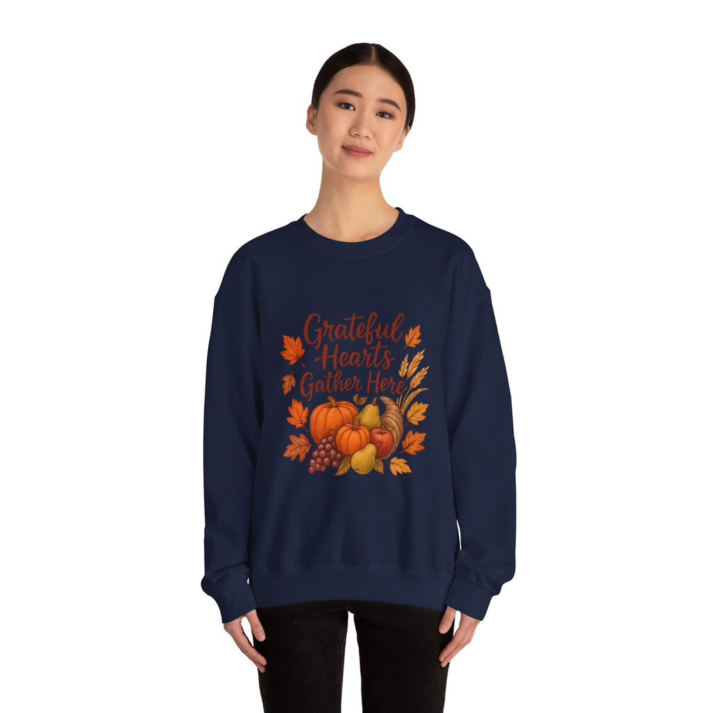 Grateful Hearts Gather Here Sweatshirt — Thanksgiving Pumpkin & Fall Leaves Crewneck