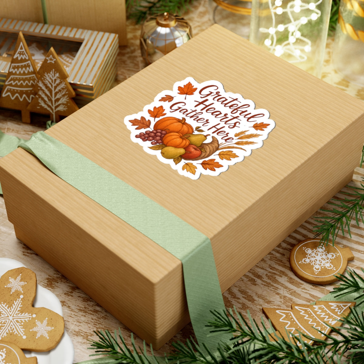 Fall "Grateful Hearts Gather Here" Sticker — Thanksgiving Pumpkin & Harvest Kiss-Cut Sticker