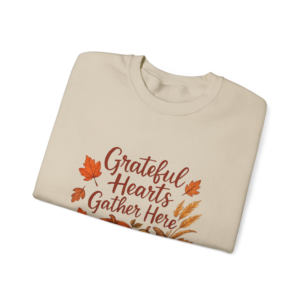 Grateful Hearts Gather Here Sweatshirt — Thanksgiving Pumpkin & Fall Leaves Crewneck
