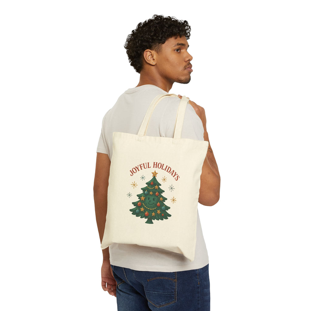 Holiday Christmas Tree Tote Bag - “Joyful Holidays” Canvas Market Shopper