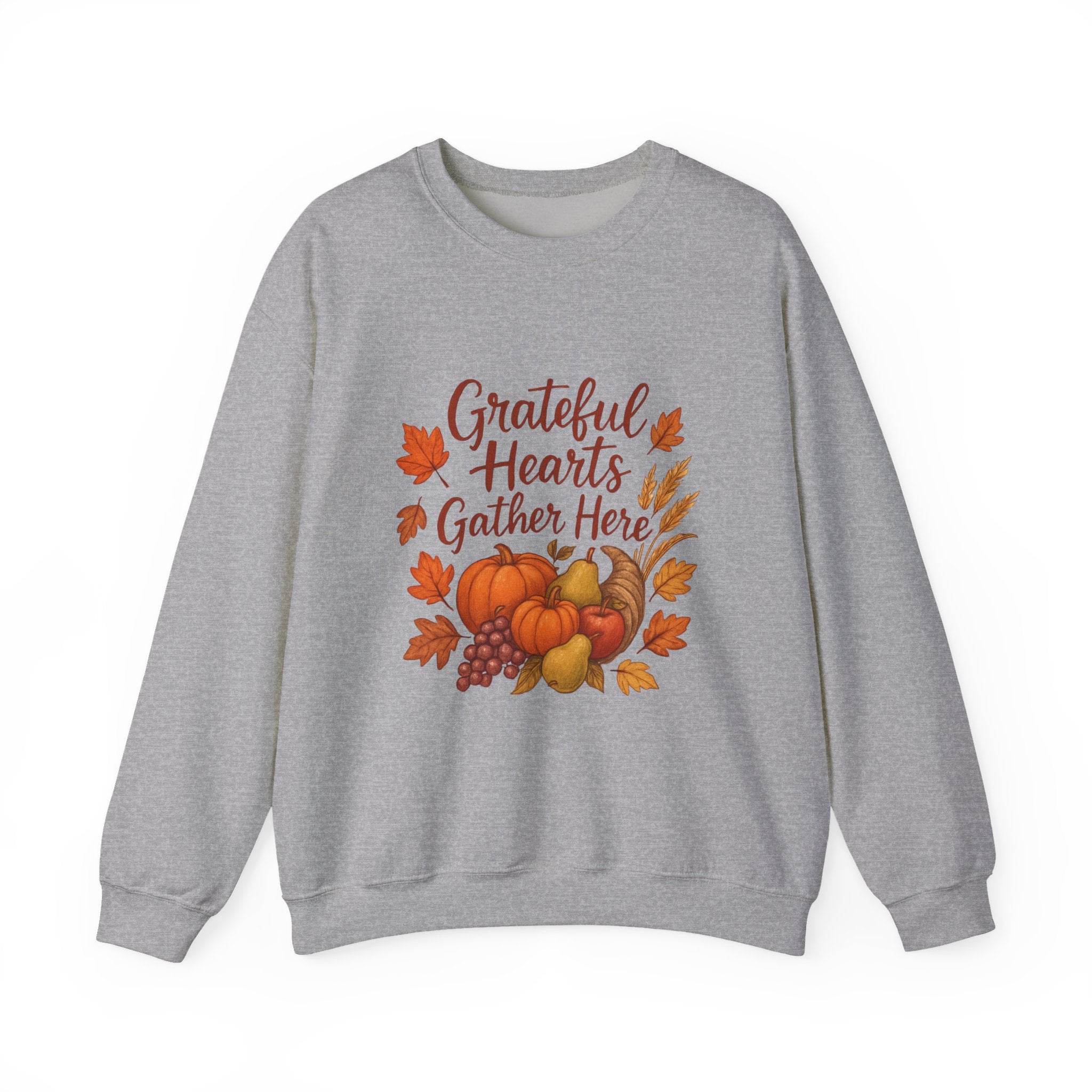 Grateful Hearts Gather Here Sweatshirt — Thanksgiving Pumpkin & Fall Leaves Crewneck