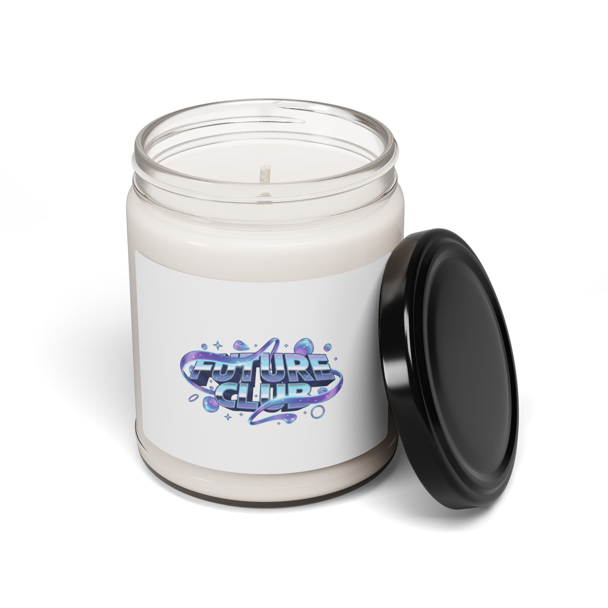 Futurist Chrome Logo Candle, iridescent gradient, holographic text print