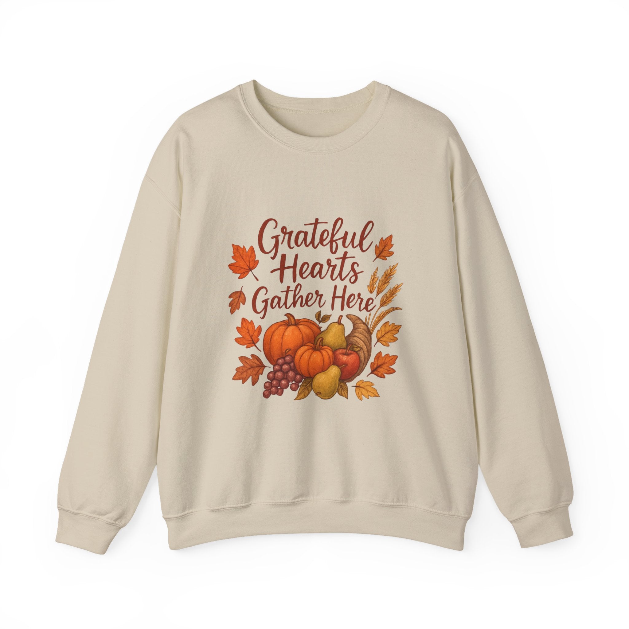 Grateful Hearts Gather Here Sweatshirt — Thanksgiving Pumpkin & Fall Leaves Crewneck