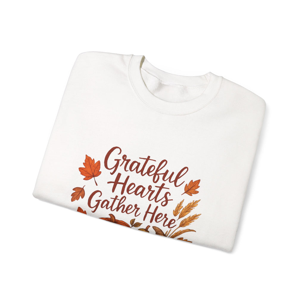 Grateful Hearts Gather Here Sweatshirt — Thanksgiving Pumpkin & Fall Leaves Crewneck