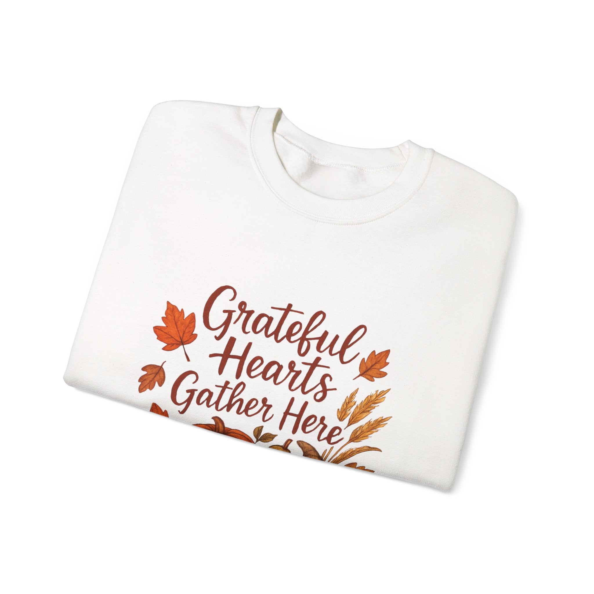 Grateful Hearts Gather Here Sweatshirt — Thanksgiving Pumpkin & Fall Leaves Crewneck
